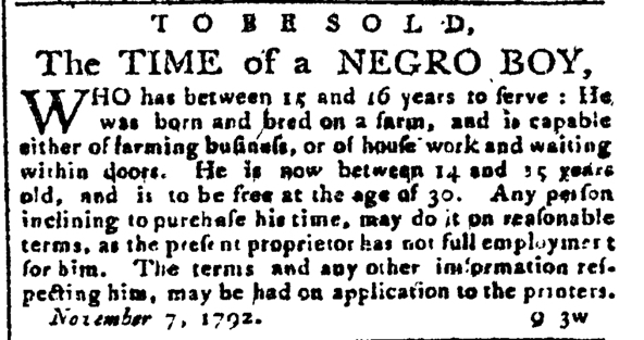 1792-11-14 To be sold time of a negro boy.jpg