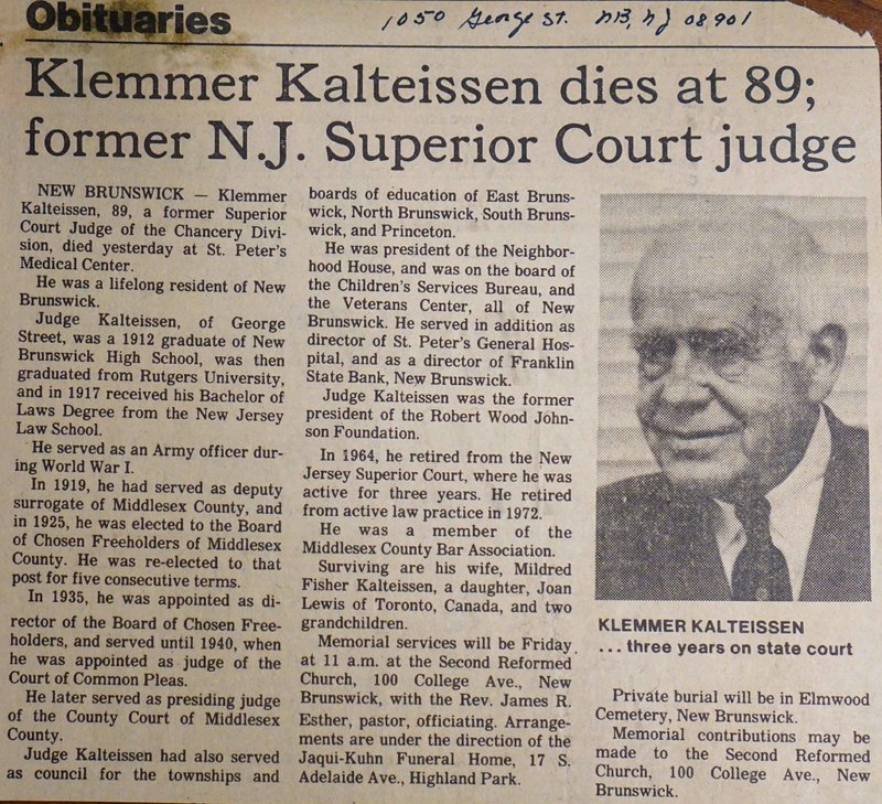 Klemmer Kalteissen dies at 89; former N.J. Superior Court judge