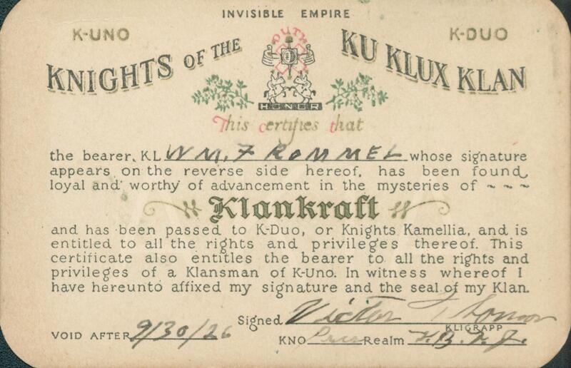 Ku Klux Klan membership card for William F. Rommel issued in N.B. N.J.