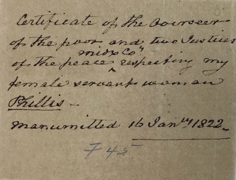 Manumission of Phillis by slaveholder John Neilson, original certificate
