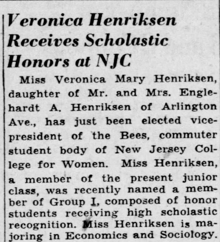 1943-05-19 Veronica Henriksen Receives Scholastic Honors at NJC - Plainfield Courier-News.jpg