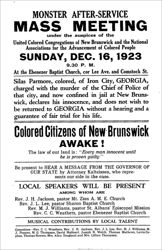 Colored Citizens of New Brunswick AWAKE! Flyer for Mass Meeting in support of Silas Parmore