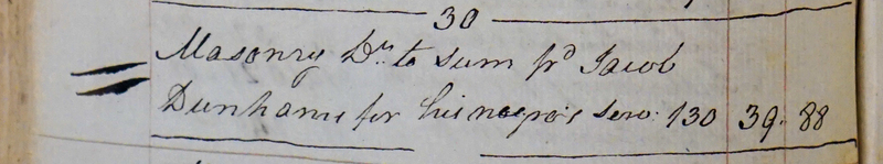 Record of payment to Jacob Dunham, $39.88 for his negro's services doing masonry (Old Queens Building construction, entry 130)