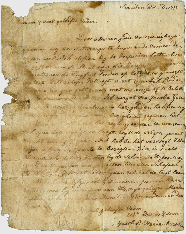 Letter to his father Col. Johannes Hardenbergh