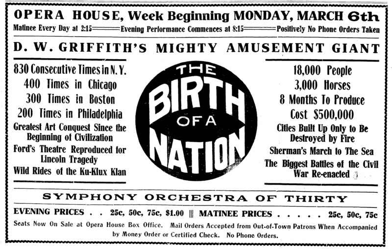 Birth of a Nation Ad - New Brunswick Times 1916-03-04 p. 2.png