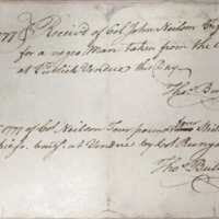 Receipt issued to Colonel John Neilson recording the sale of an enslaved black man who was taken from the enemy in war