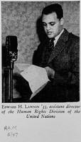 Photograph of Edward H. Lawson Jr. with news about United Nations job  printed in the Rutgers Alumni Monthly