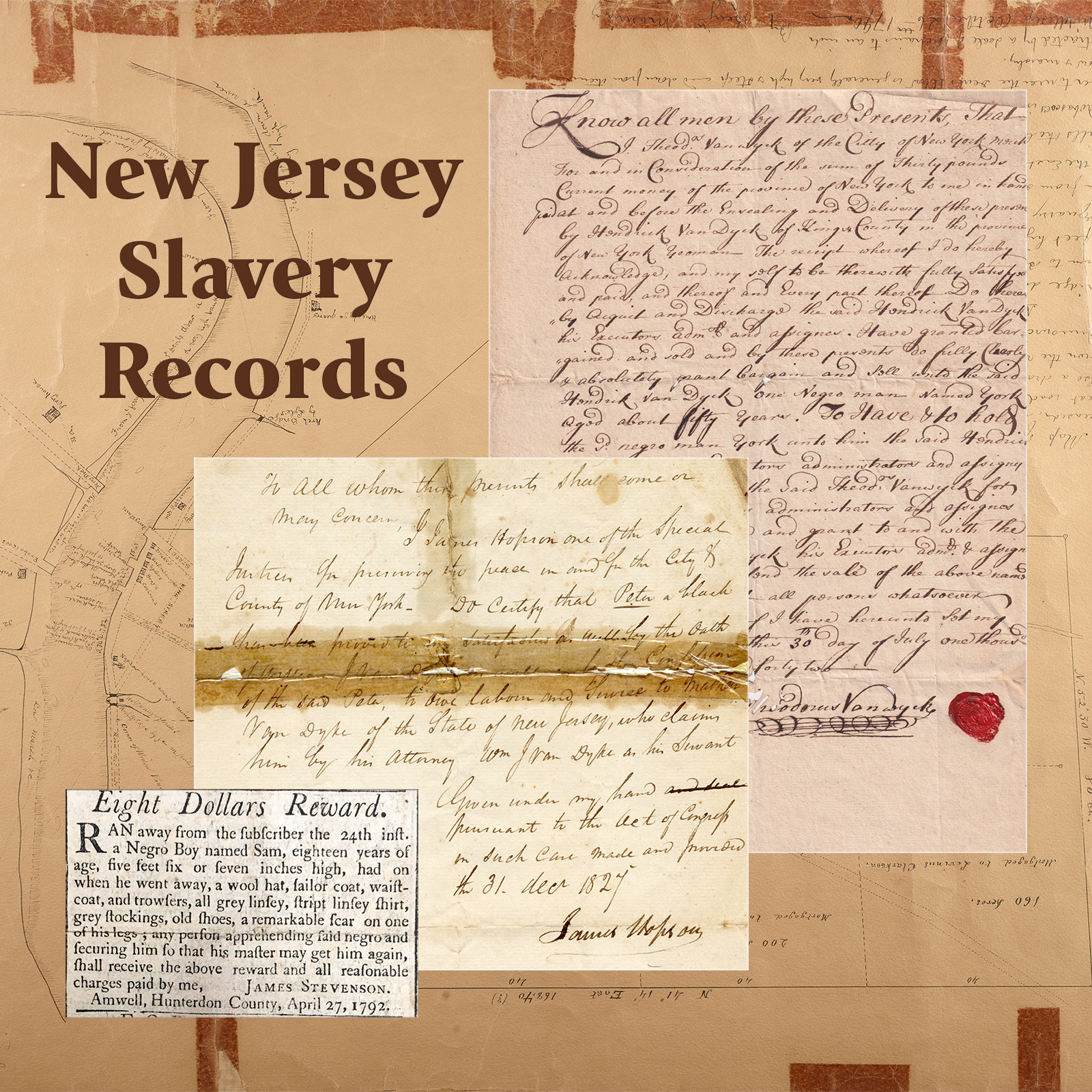 Image of three historical documents with a link to the New Jersey Slavery Records website