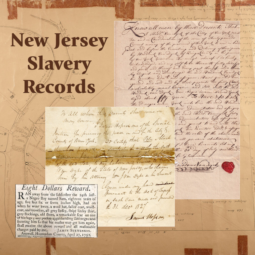 Image of 3 archival documents linking to New Jersey Slavery Records database